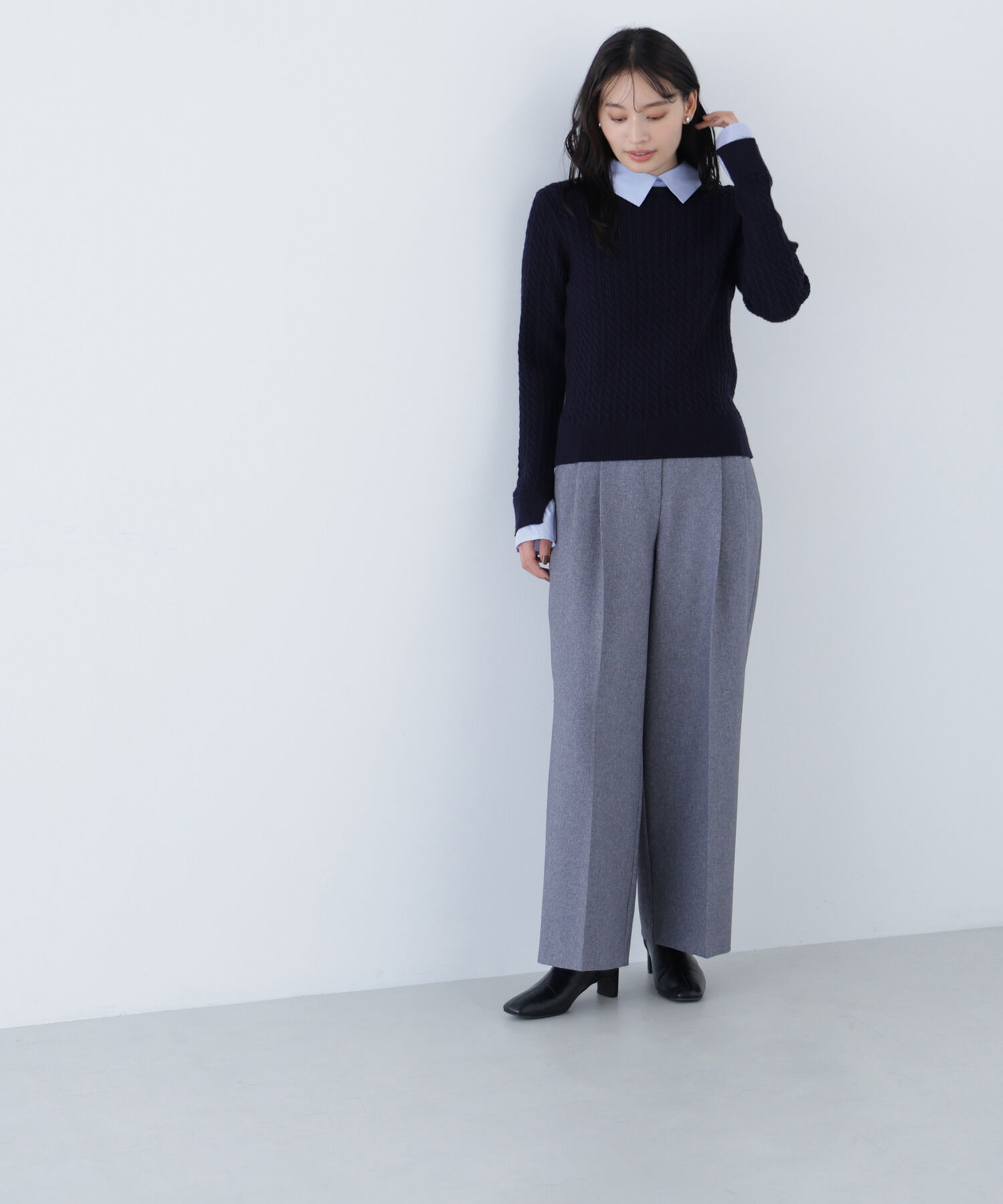  「シャツカラードッキングケーブルニット」|ニット・セーター|