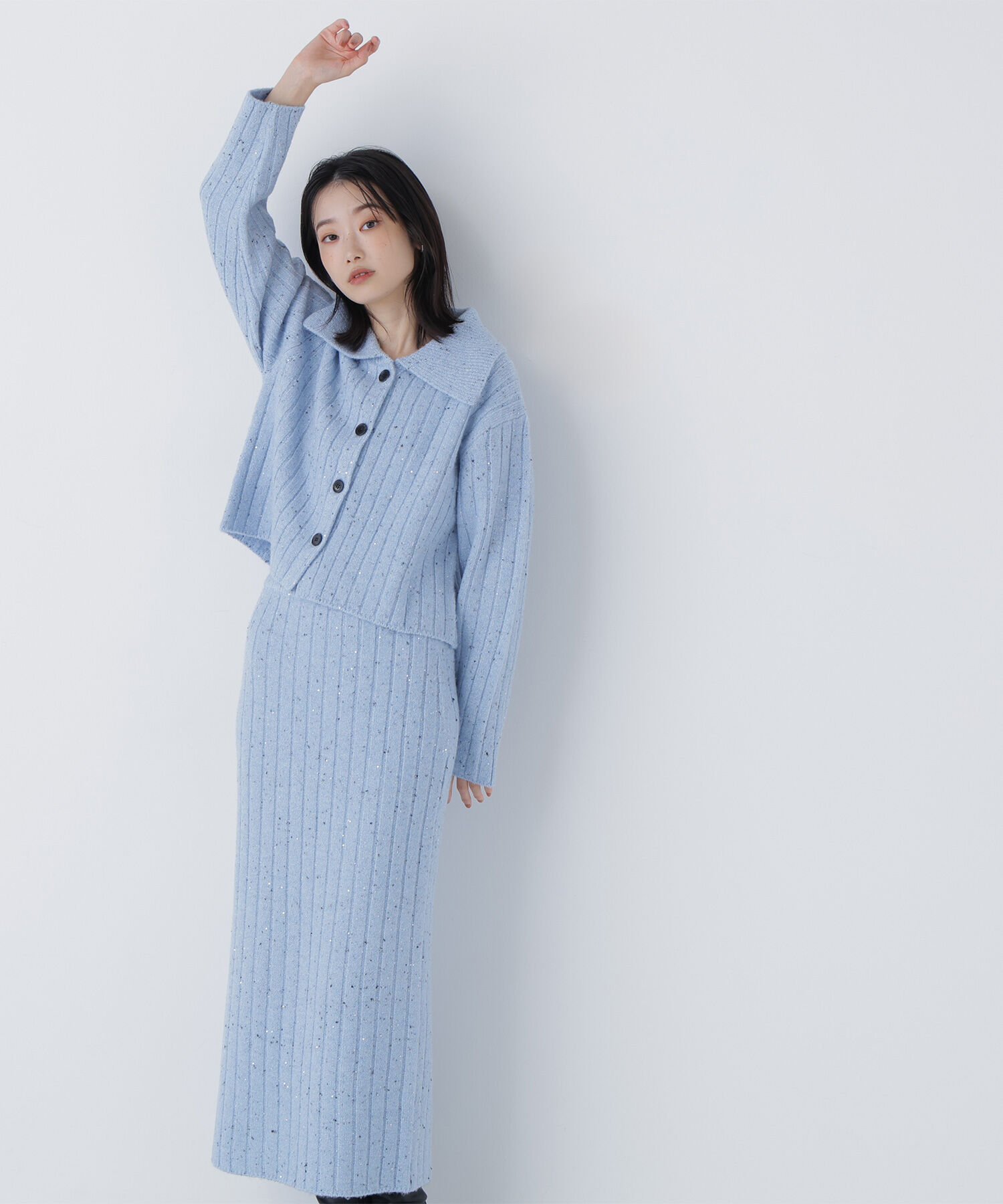  「スパンコールラメニットセットアップ」|ワンピース|ブルー