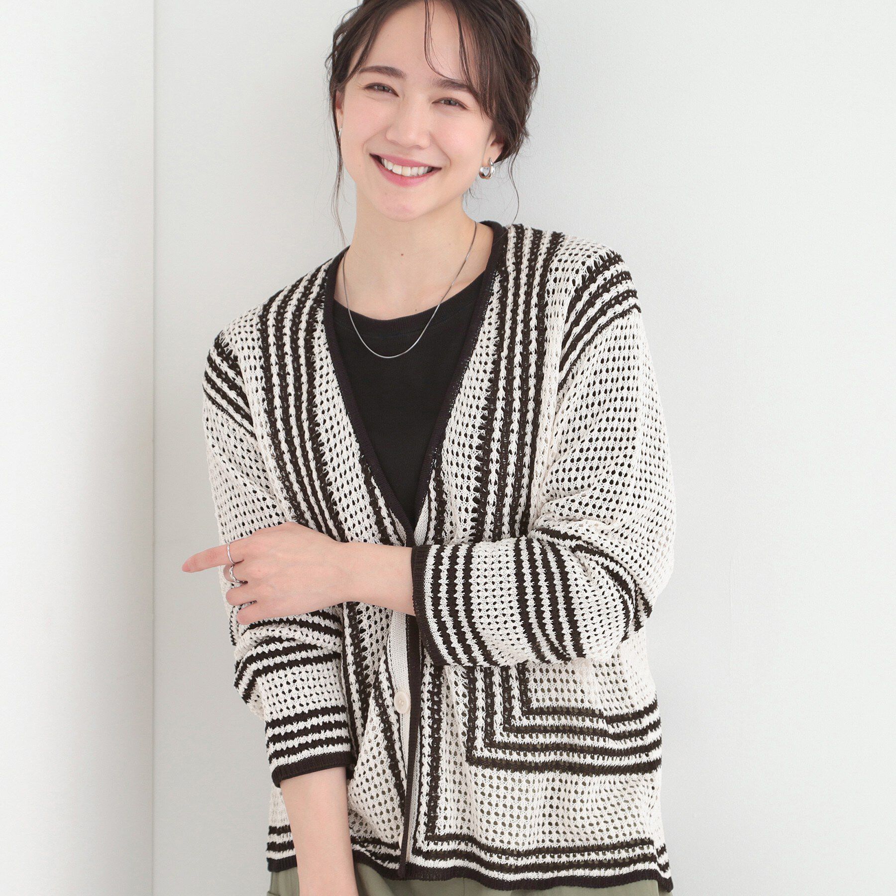 SHOO･LA･RUE「大人カジュアルなコーデに 配色クロシェ編み風カーディガン」|カーディガン|アイボリー(504)