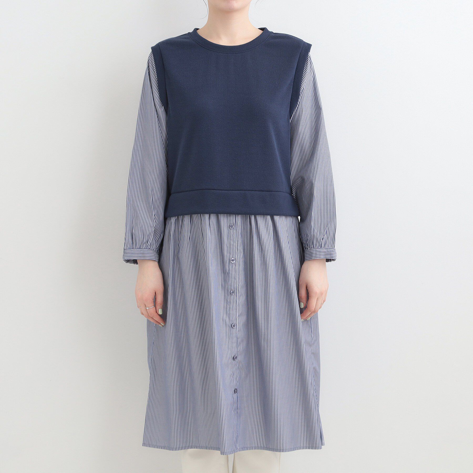 SHOO･LA･RUE「【S-LL/体型カバー】ストライプ柄ドッキングワンピース」|ワンピース|