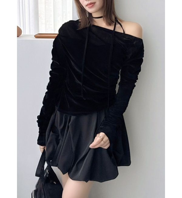 dazzlin「アシメギャザーシアーベロアカットソー」|Tシャツ・カットソー|ブラック