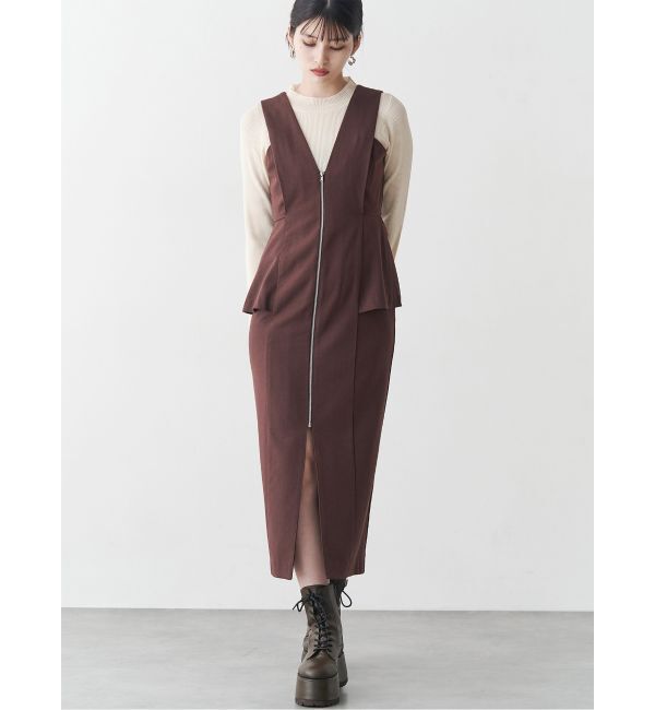 MURUA「フロントZIPペプラムジャンパースカート」|ジャンパースカート|ブラウン