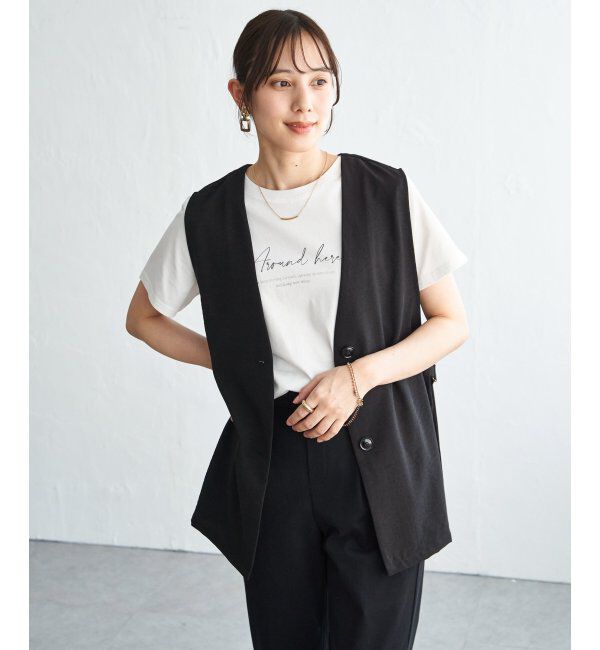 ikka「ノーカラーサイドベルトジレ」|ダウンベスト・ベスト|ブラック