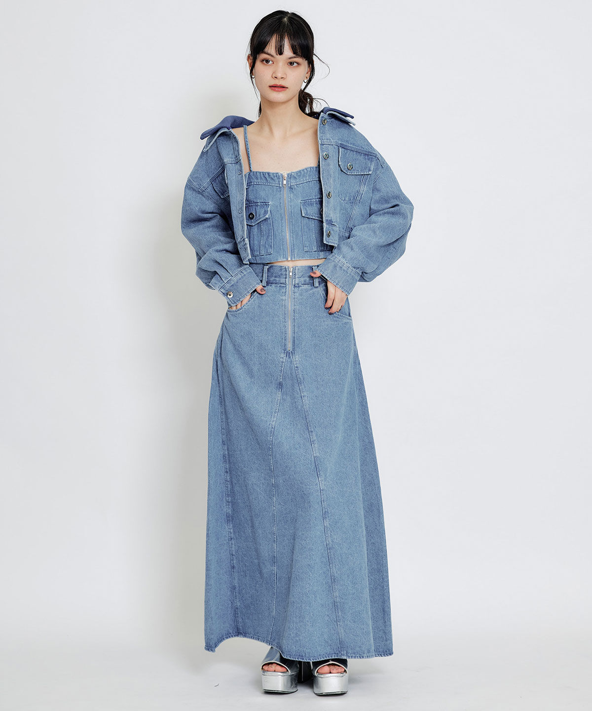 REDYAZEL「デニムショートビスチェ&times;ZIPフレアロングスカート」|ワンピース|