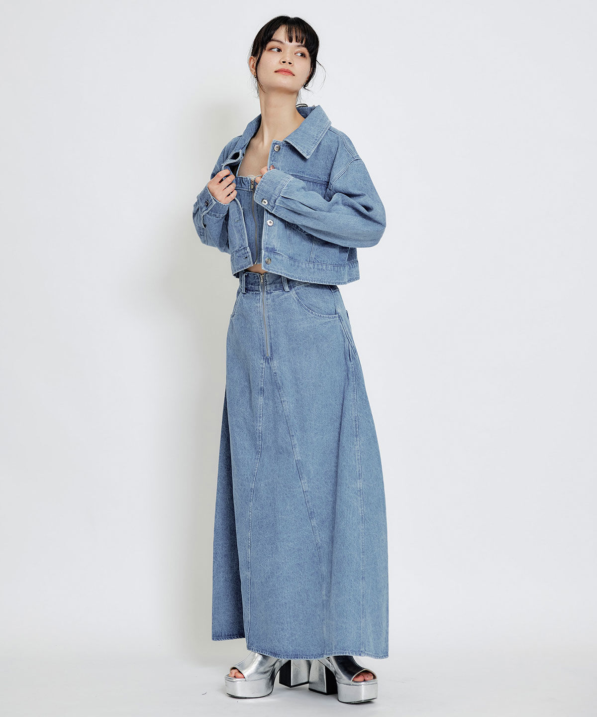 REDYAZEL「デニムショートビスチェ&times;ZIPフレアロングスカート」|ワンピース|