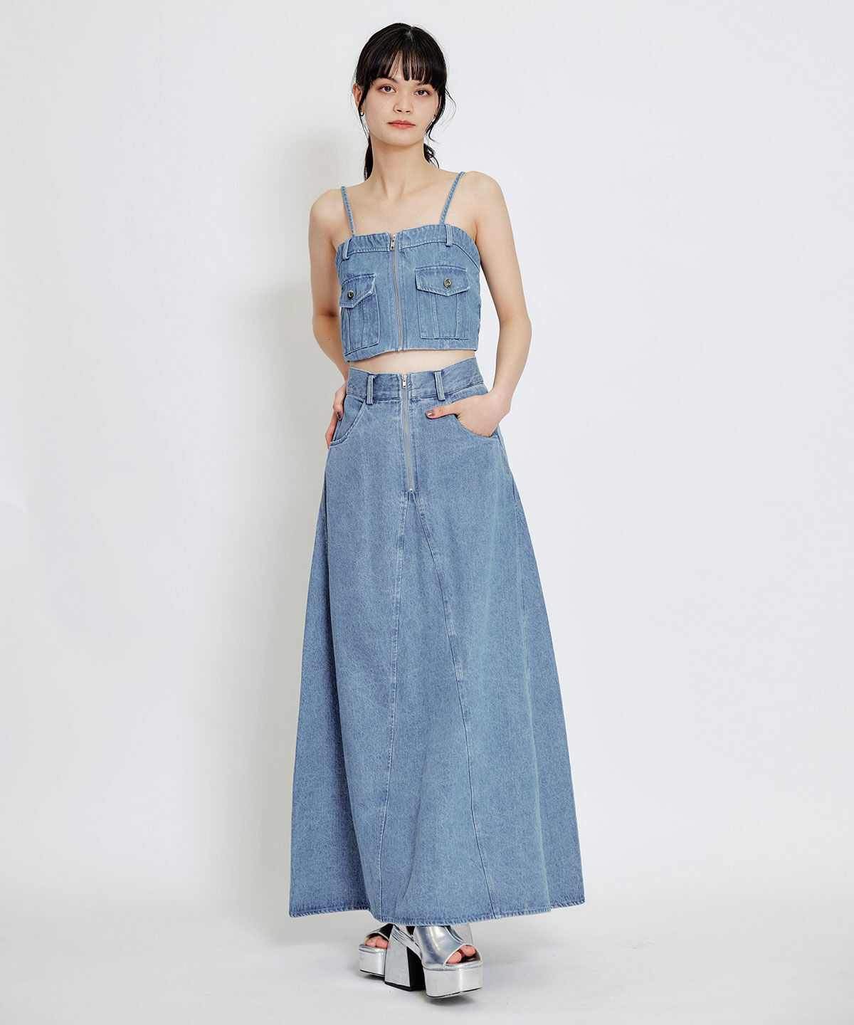 REDYAZEL「デニムショートビスチェ&times;ZIPフレアロングスカート」|ワンピース|