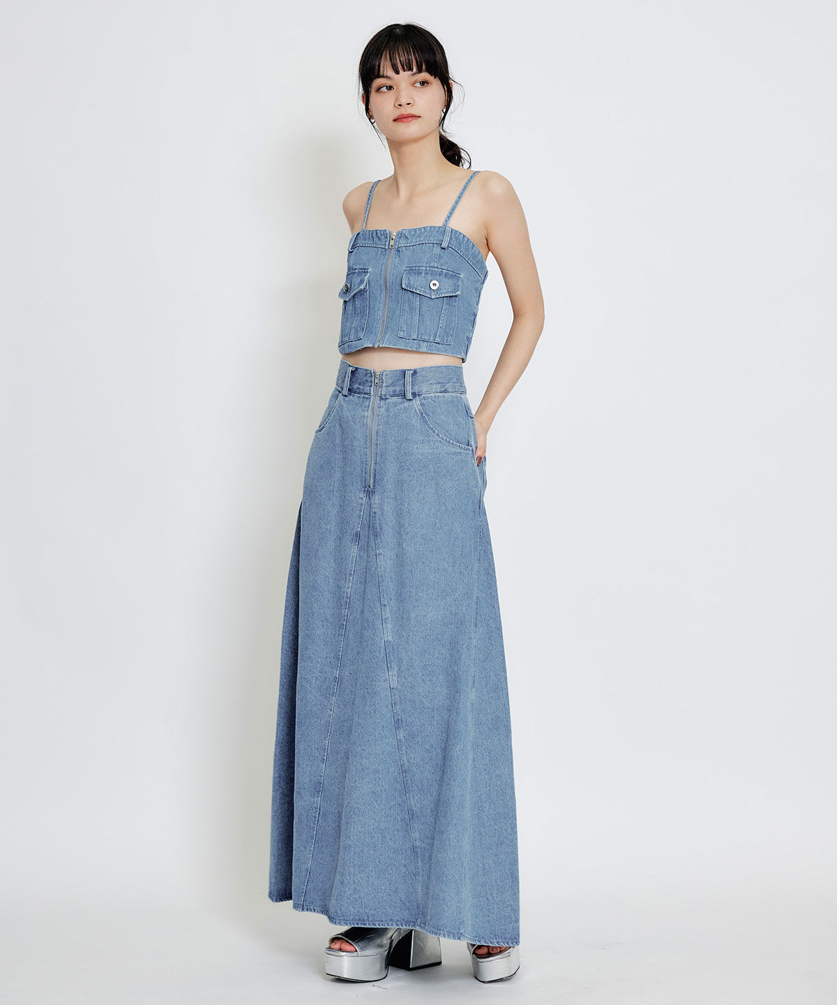 REDYAZEL「デニムショートビスチェ&times;ZIPフレアロングスカート」|ワンピース|