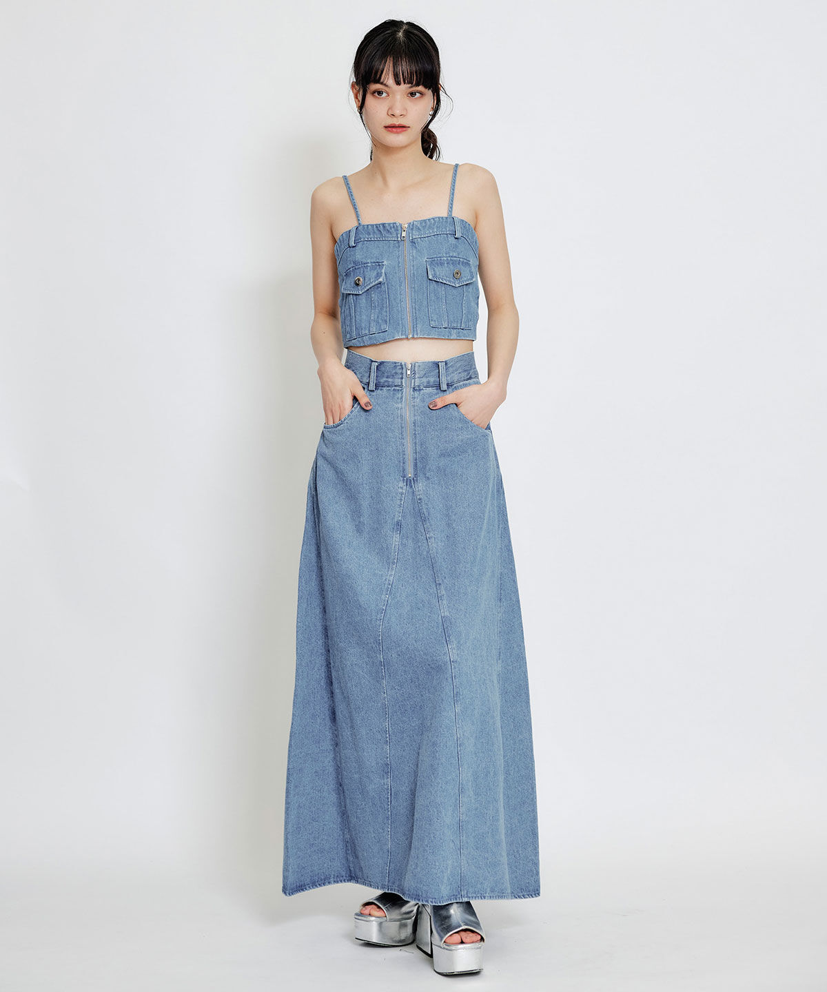 REDYAZEL「デニムショートビスチェ&times;ZIPフレアロングスカート」|ワンピース|