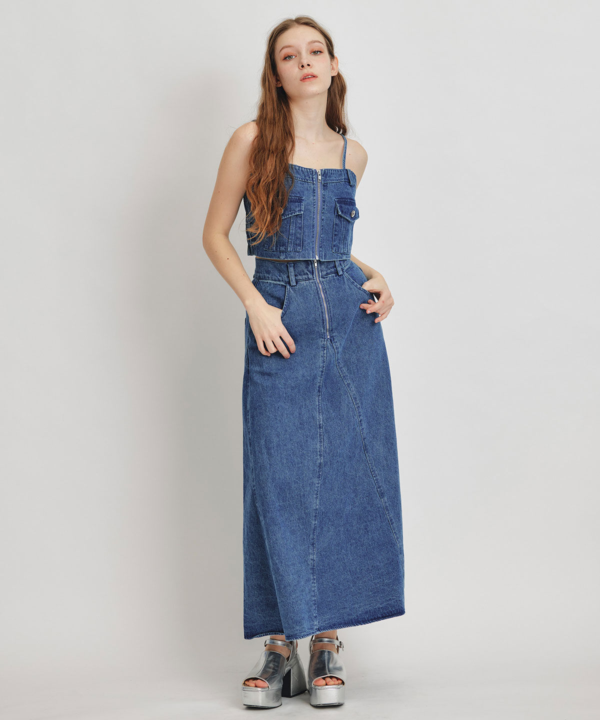 REDYAZEL「デニムショートビスチェ&times;ZIPフレアロングスカート」|ワンピース|