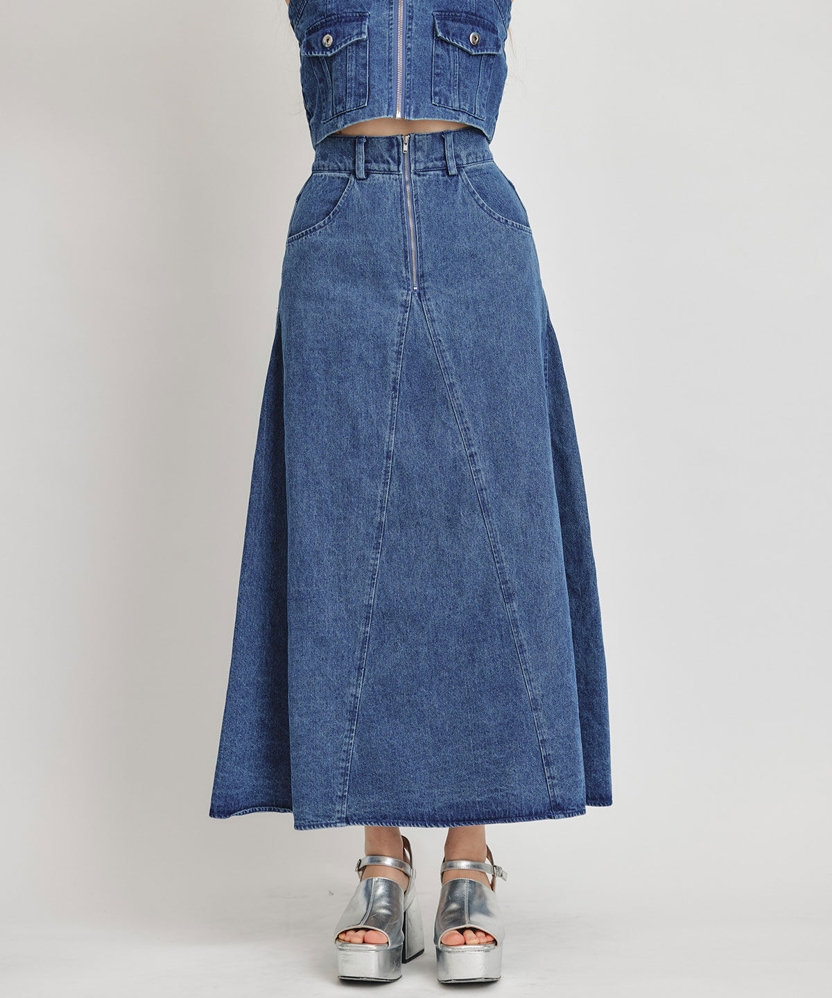 REDYAZEL「デニムショートビスチェ&times;ZIPフレアロングスカート」|ワンピース|