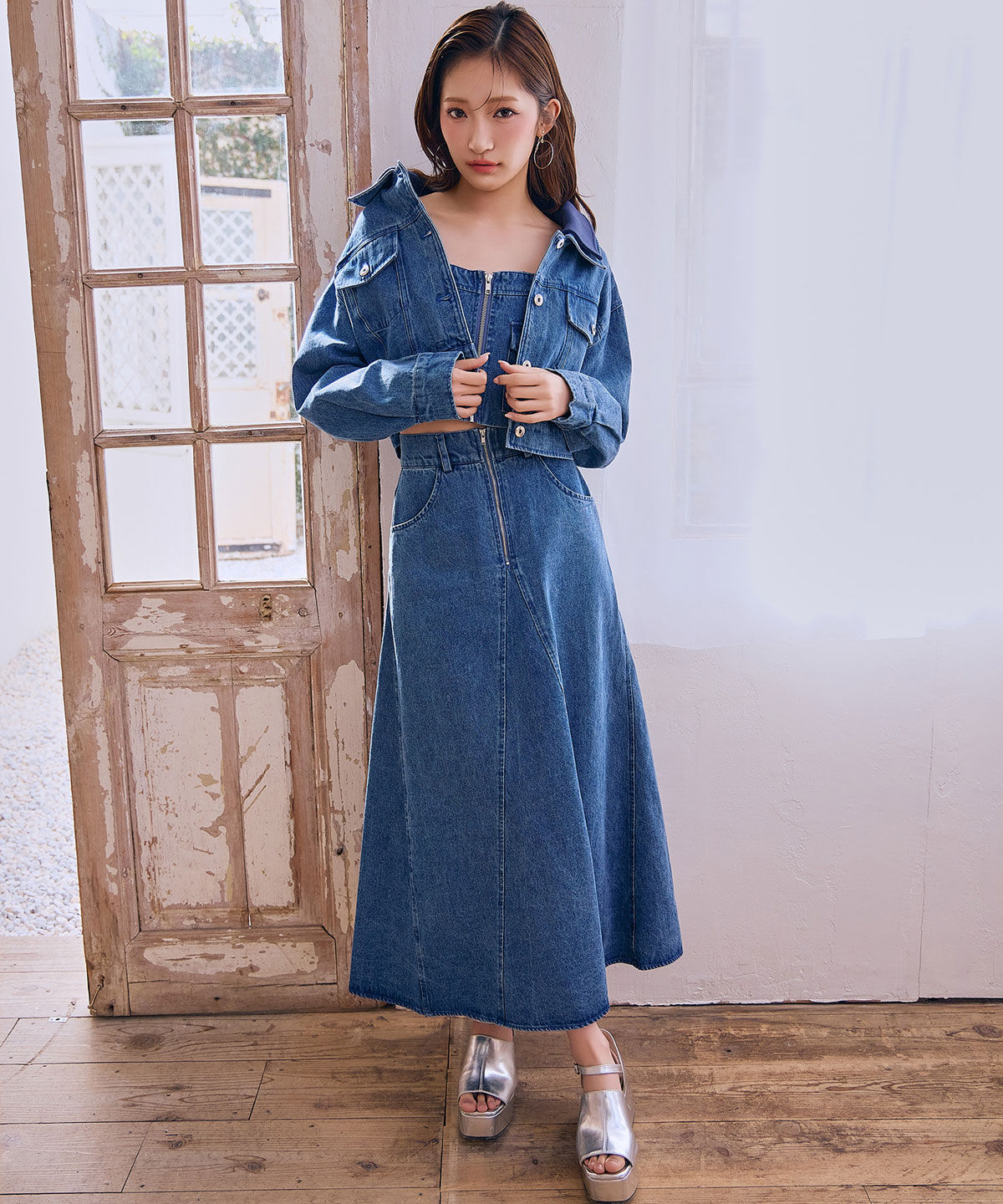 REDYAZEL「デニムショートビスチェ&times;ZIPフレアロングスカート」|ワンピース|