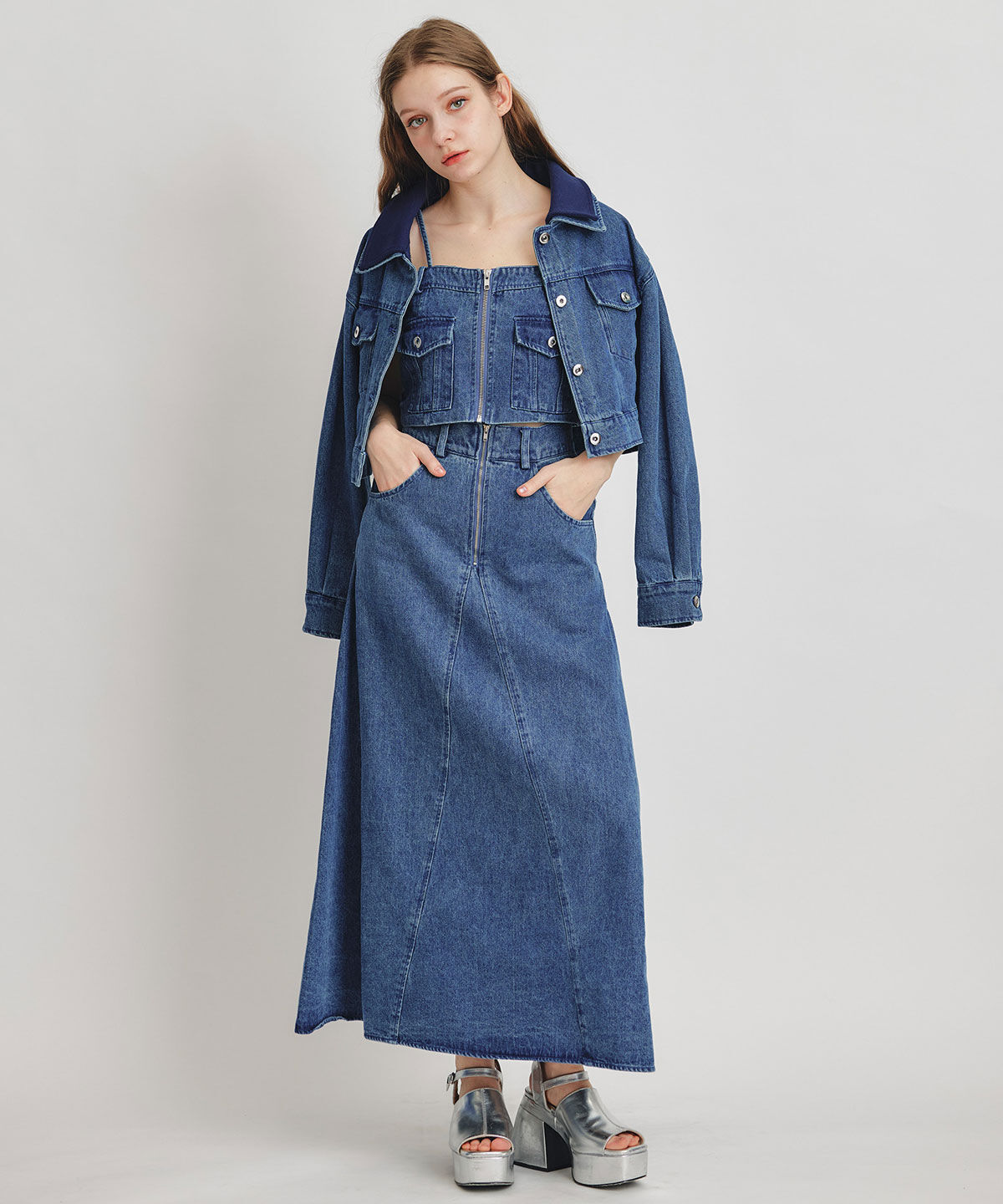 REDYAZEL「デニムショートビスチェ&times;ZIPフレアロングスカート」|ワンピース|