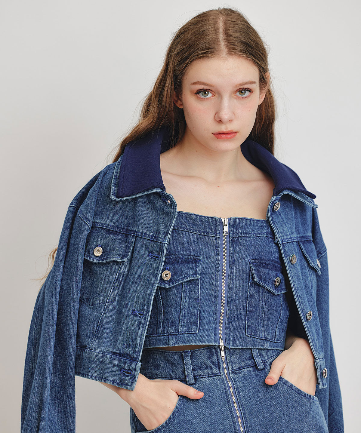 REDYAZEL「デニムショートビスチェ&times;ZIPフレアロングスカート」|ワンピース|