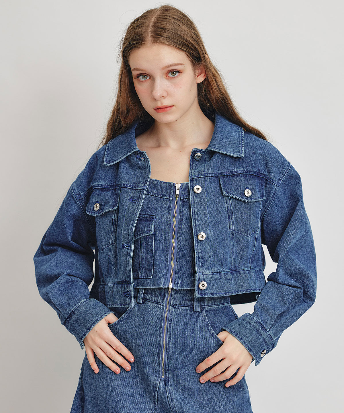 REDYAZEL「デニムショートビスチェ&times;ZIPフレアロングスカート」|ワンピース|