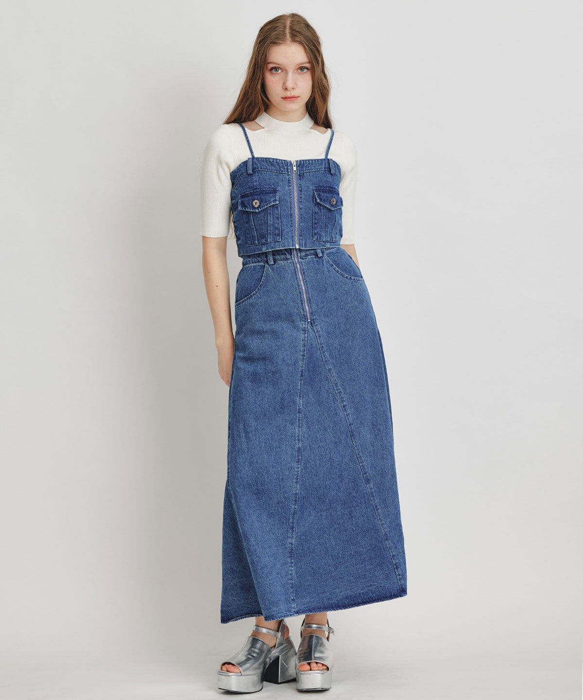 REDYAZEL「デニムショートビスチェ&times;ZIPフレアロングスカート」|ワンピース|