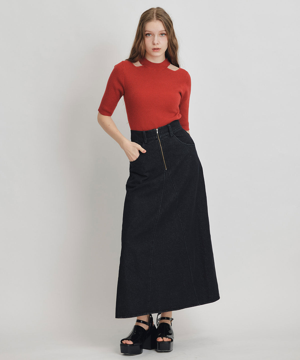 REDYAZEL「デニムショートビスチェ&times;ZIPフレアロングスカート」|ワンピース|