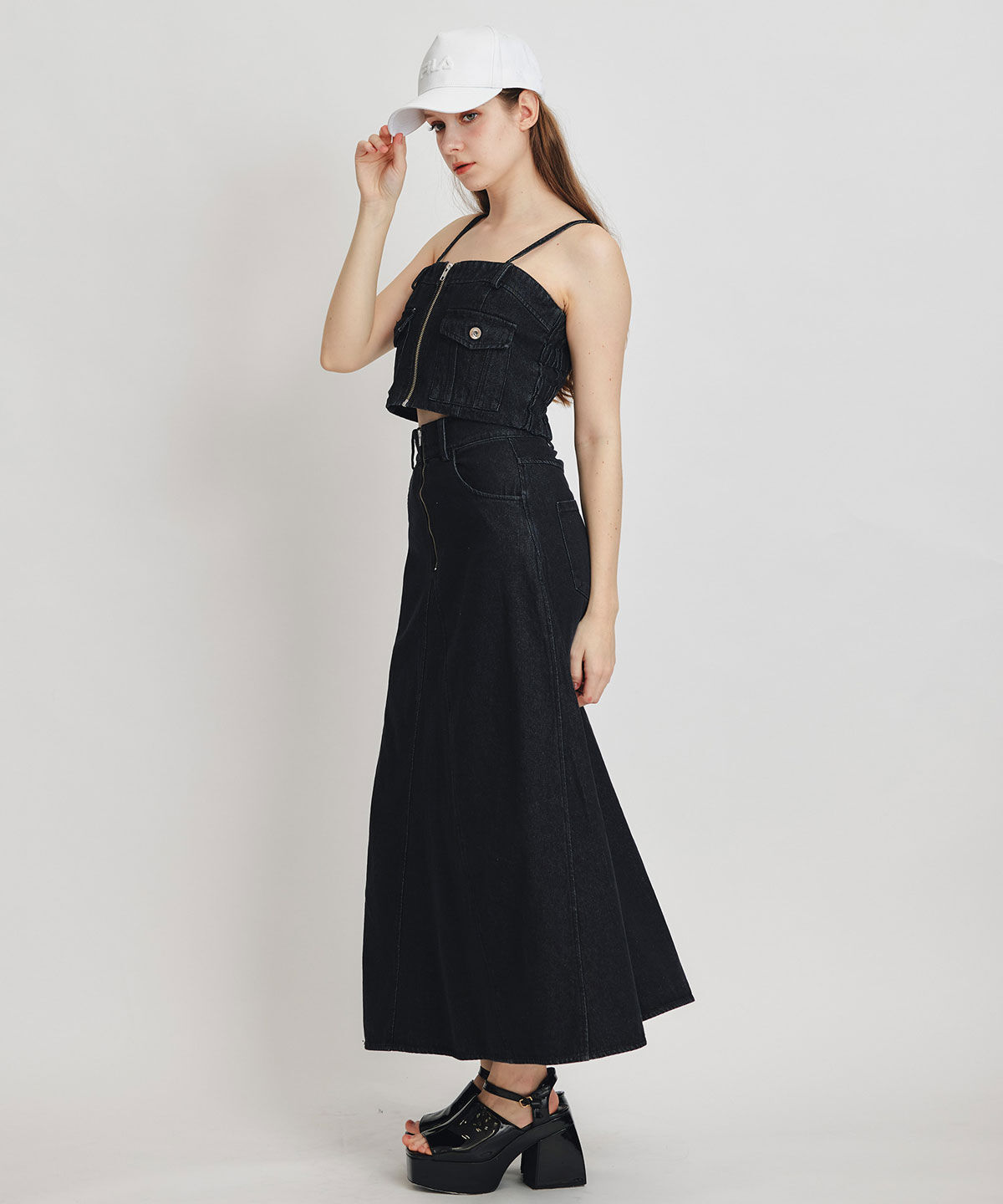 REDYAZEL「デニムショートビスチェ&times;ZIPフレアロングスカート」|ワンピース|