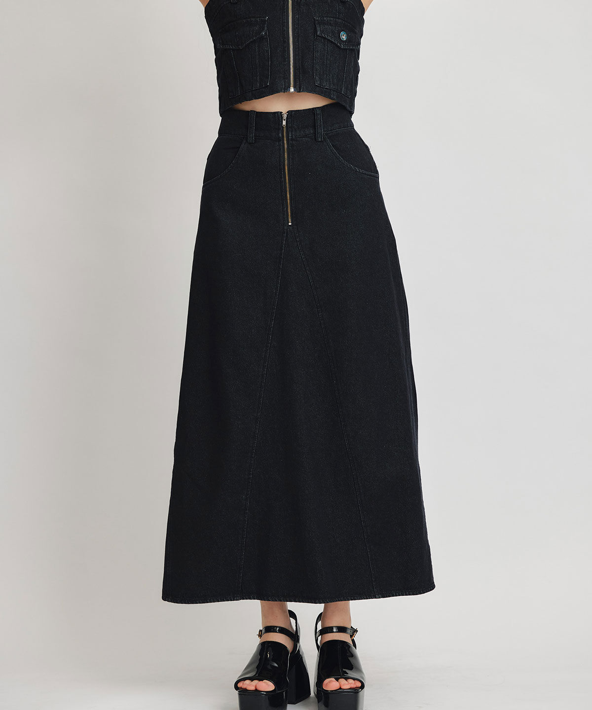 REDYAZEL「デニムショートビスチェ&times;ZIPフレアロングスカート」|ワンピース|