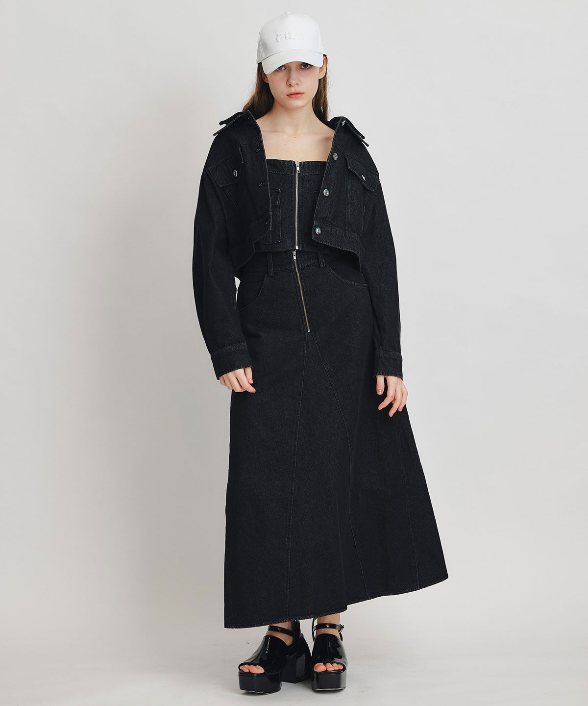 REDYAZEL「デニムショートビスチェ&times;ZIPフレアロングスカート」|ワンピース|