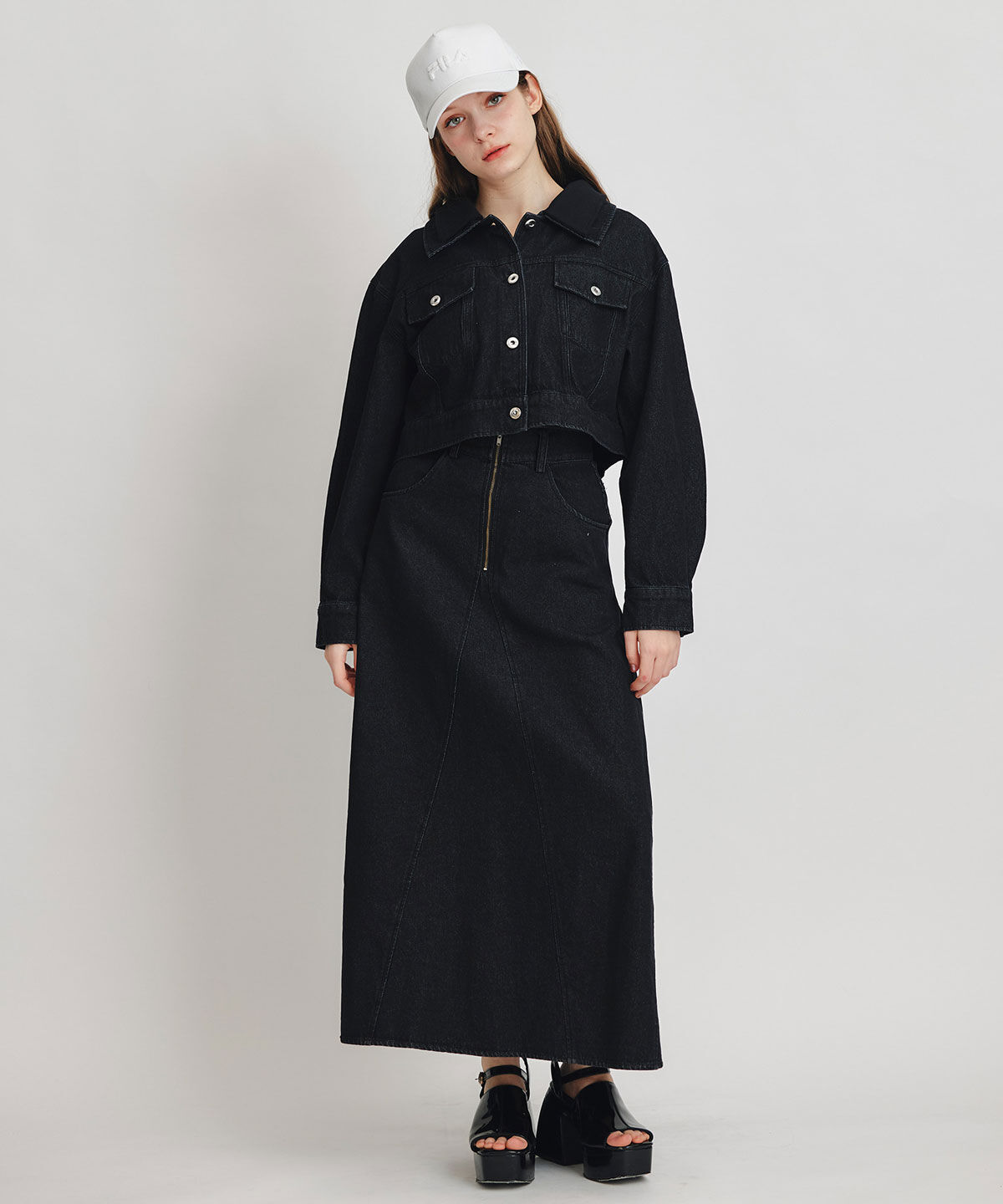 REDYAZEL「デニムショートビスチェ&times;ZIPフレアロングスカート」|ワンピース|