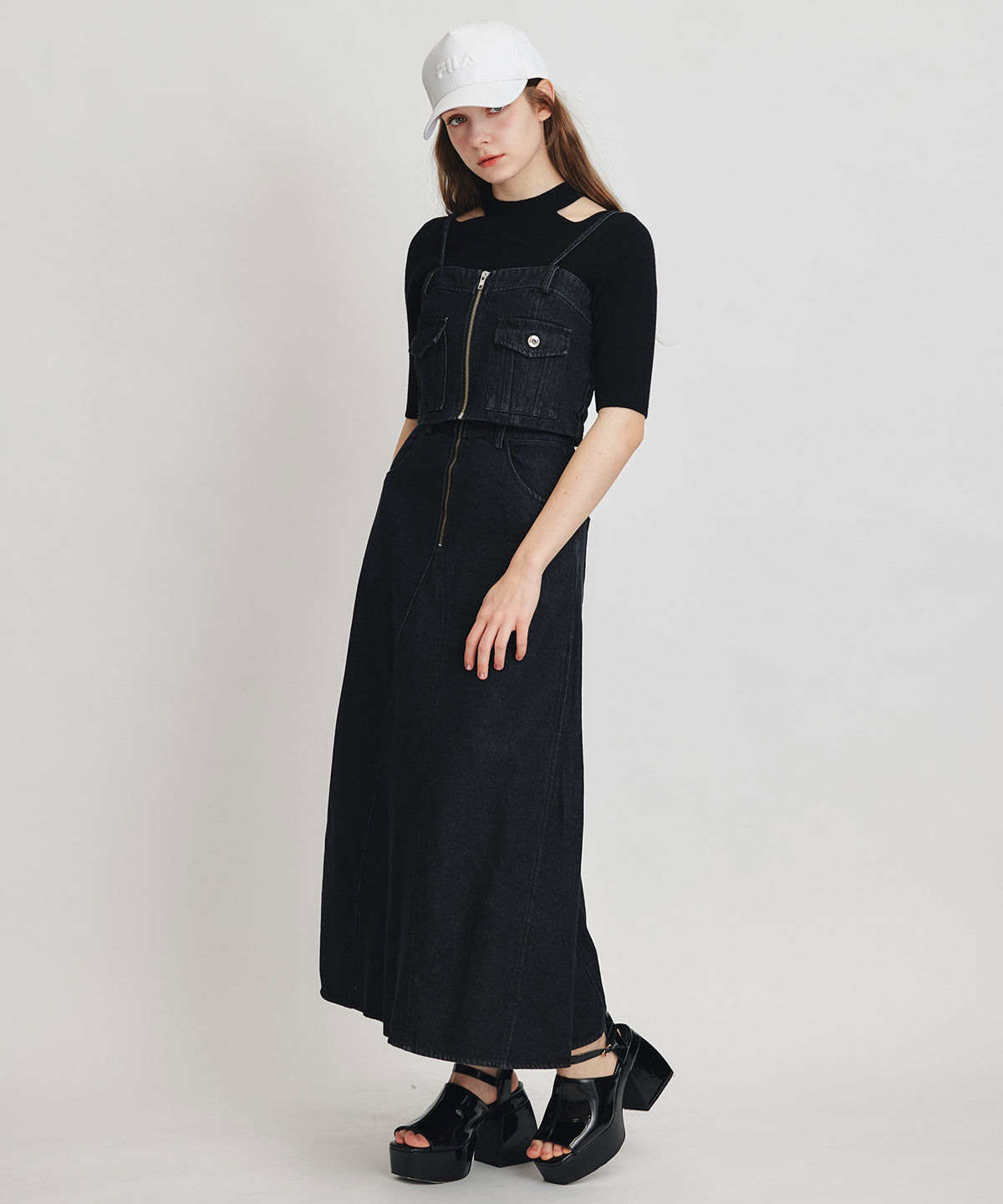 REDYAZEL「デニムショートビスチェ&times;ZIPフレアロングスカート」|ワンピース|