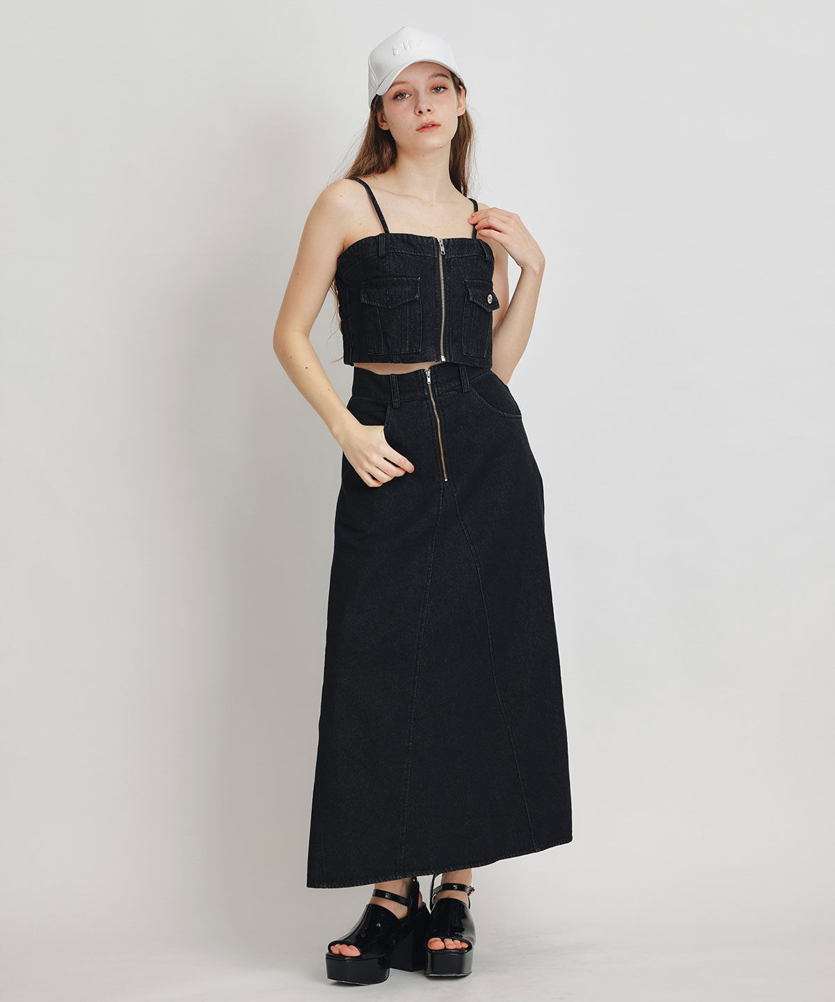 REDYAZEL「デニムショートビスチェ&times;ZIPフレアロングスカート」|ワンピース|