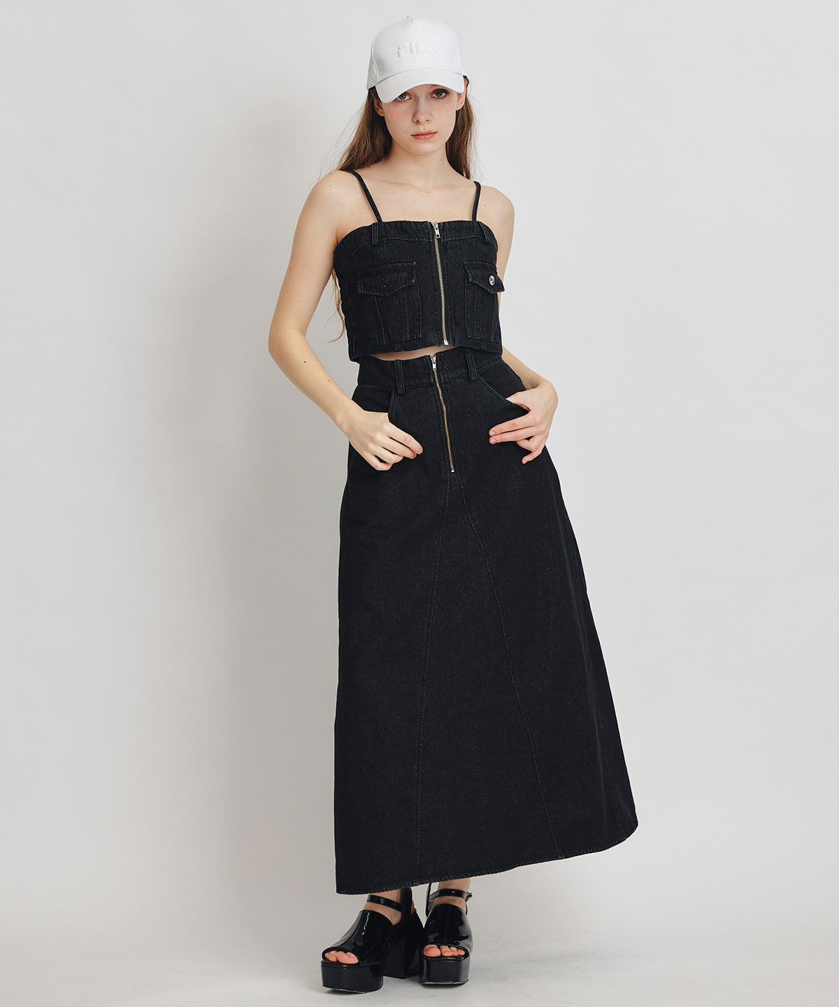 REDYAZEL「デニムショートビスチェ&times;ZIPフレアロングスカート」|ワンピース|