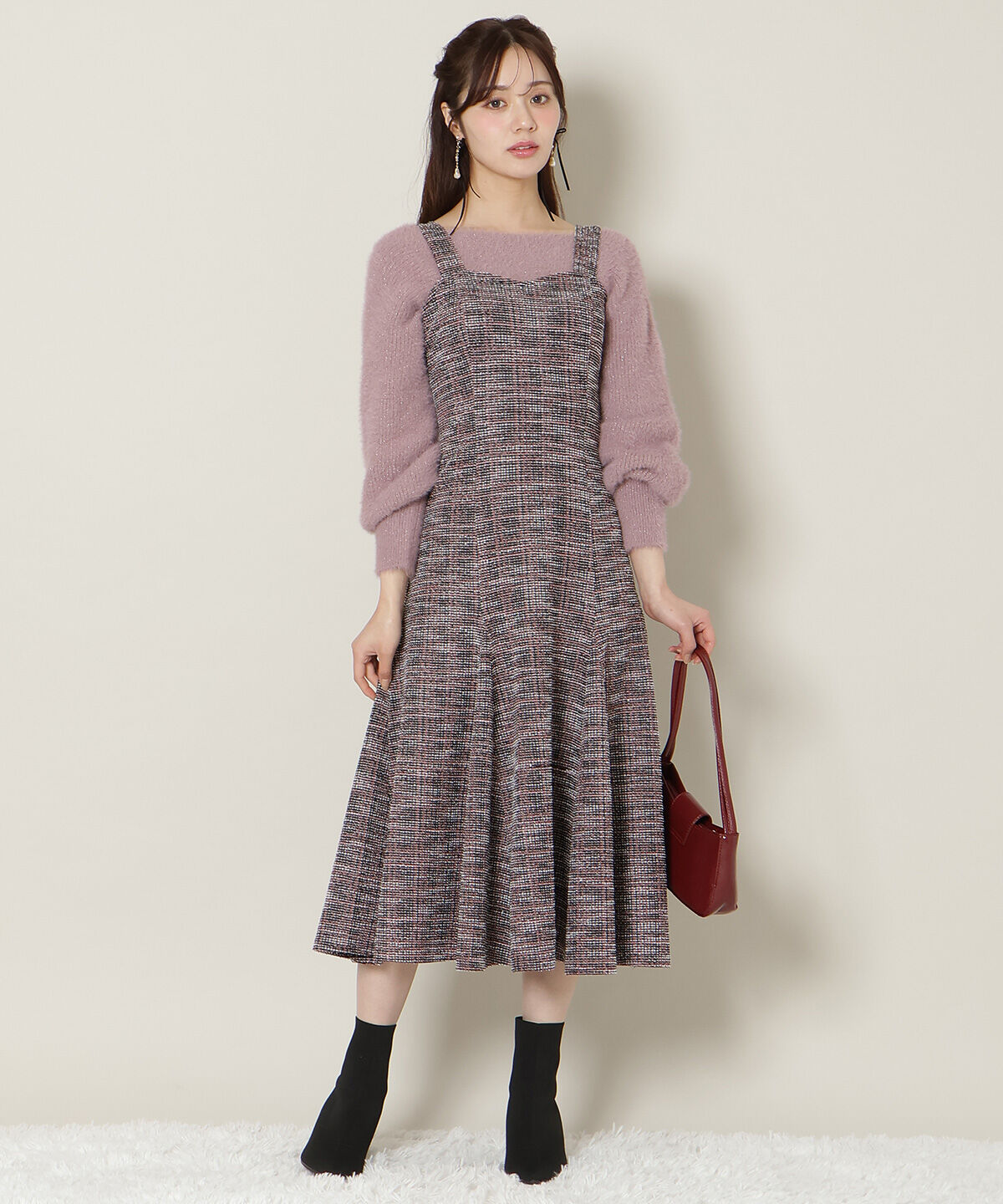 WILLSELECTION「カットツイードワンピース&times;フェザーニットSET」|ワンピース|ピンク