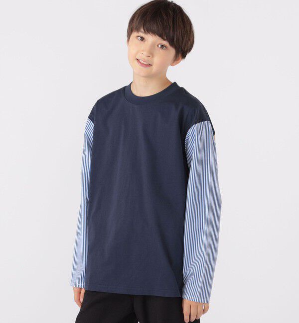 SHIPS KIDS「SHIPS KIDS:140～160cm / パターン 切替 長袖 TEE」|Tシャツ・カットソー|ネイビー