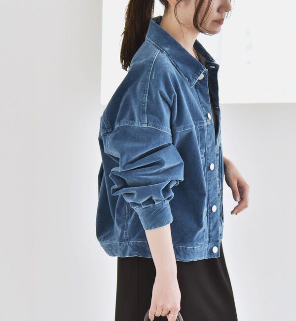 quaranciel「quaranciel:〈洗濯機可能〉コットン ベロア インディゴ ボリュームスリーブ ショート ブルゾン」|ブルゾン・スタジャン|