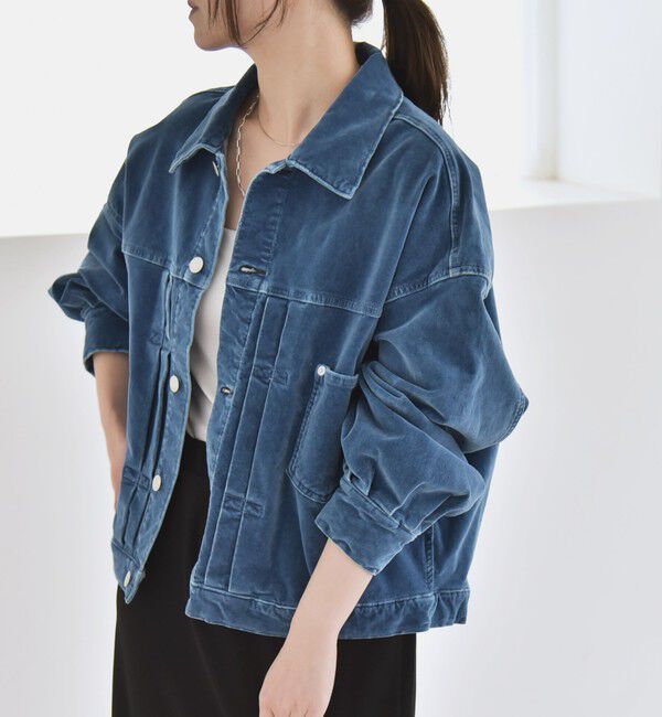 quaranciel「quaranciel:〈洗濯機可能〉コットン ベロア インディゴ ボリュームスリーブ ショート ブルゾン」|ブルゾン・スタジャン|