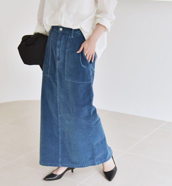 quaranciel「quaranciel:〈洗濯機可能〉コットン ベロア インディゴ Iライン ストレート スカート」|タイト|