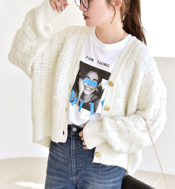 quaranciel「quaranciel: 透かし編み Vネック コンパクト ドルマンニットカーディガン」|カーディガン|