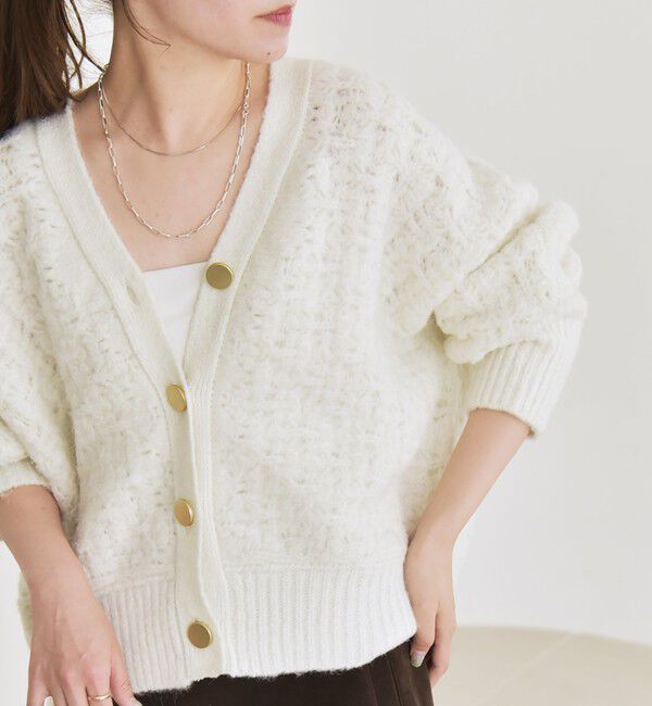 quaranciel「quaranciel: 透かし編み Vネック コンパクト ドルマンニットカーディガン」|カーディガン|