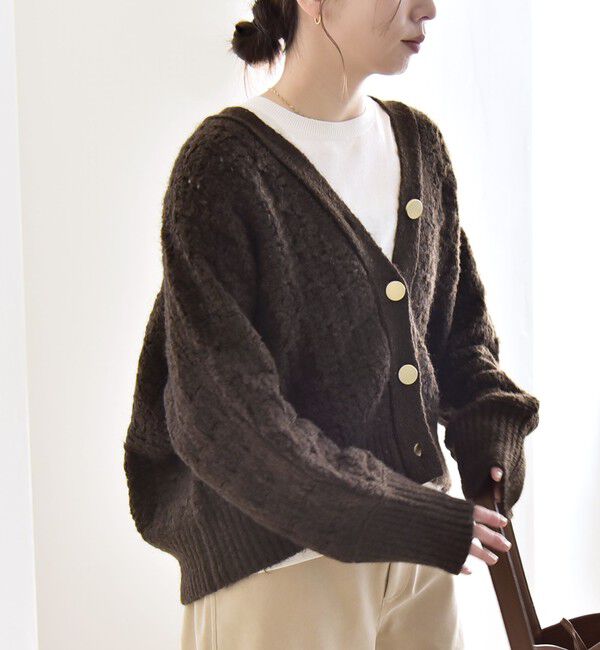 quaranciel「quaranciel: 透かし編み Vネック コンパクト ドルマンニットカーディガン」|カーディガン|