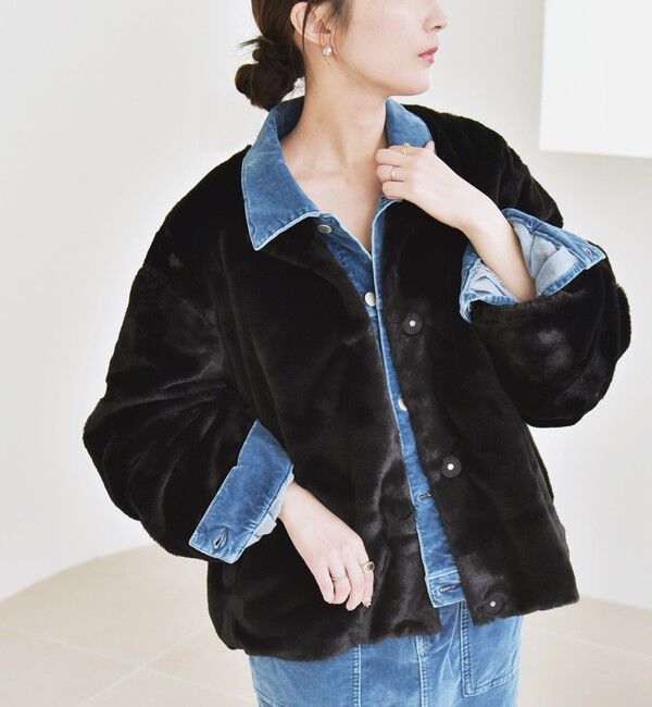 quaranciel「quaranciel: フェイクファー ノーカラー ショート ジャケット」|その他|ブラック