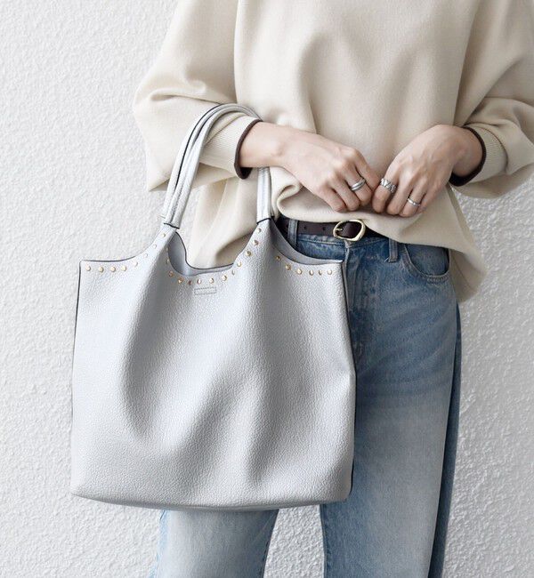 SHIPS any「【WEB限定】SHIPS any: ポーチ付き スタッズ A4 トート バッグ」|トートバッグ|シルバー