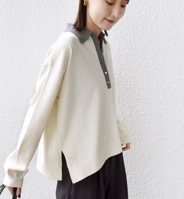 SHIPS for women「【WEB限定】〈手洗い可能〉サイド スリット ゴールド 釦 ポロ ニット」|ニット・セーター|