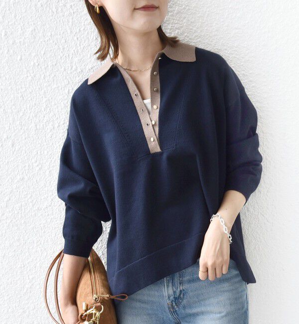 SHIPS for women「【WEB限定】〈手洗い可能〉サイド スリット ゴールド 釦 ポロ ニット」|ニット・セーター|ネイビー