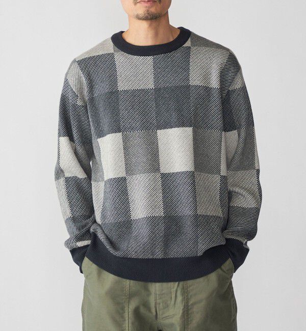 SHIPS「SHIPS: 〈洗濯機可能〉チェック コットンカシミヤ クルーネック」|ニット・セーター|グレー