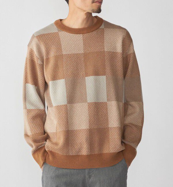 SHIPS「SHIPS: 〈洗濯機可能〉チェック コットンカシミヤ クルーネック」|ニット・セーター|ベージュ