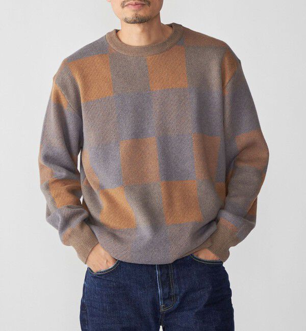 SHIPS「SHIPS: 〈洗濯機可能〉チェック コットンカシミヤ クルーネック」|ニット・セーター|ブルー