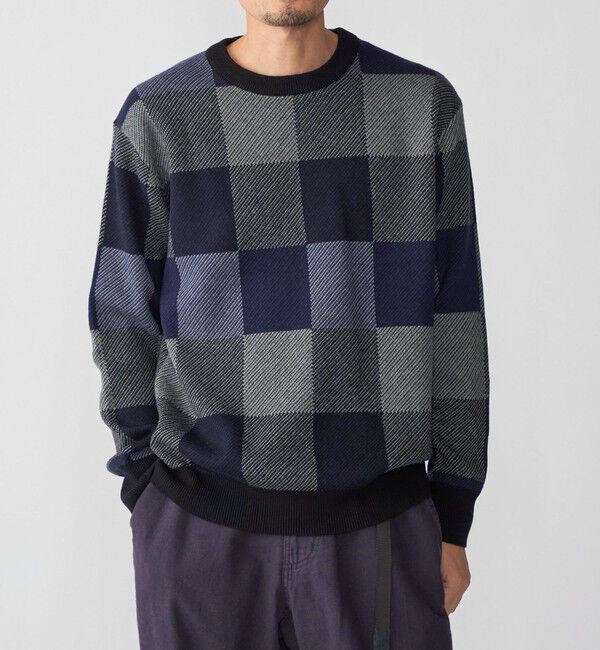 SHIPS「SHIPS: 〈洗濯機可能〉チェック コットンカシミヤ クルーネック」|ニット・セーター|ネイビー