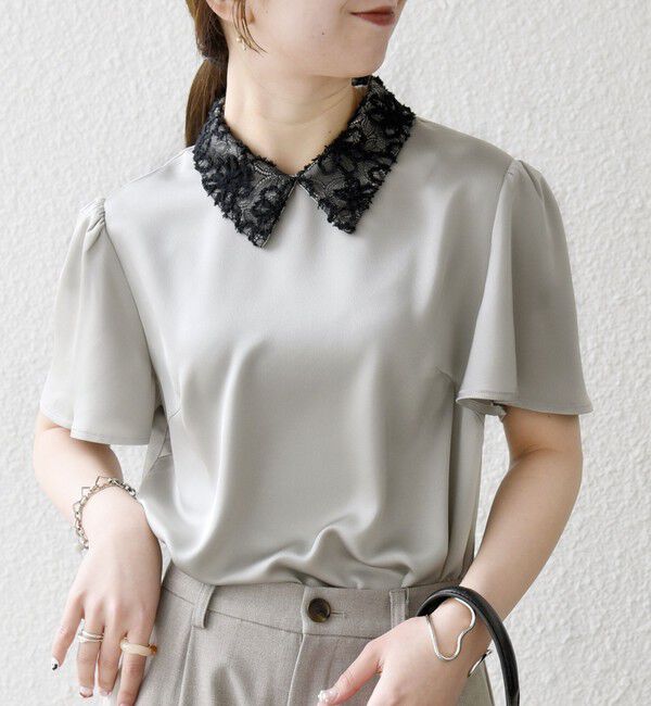 SHIPS any「《予約》SHIPS any:〈洗濯機可能〉サテン レースカラー ショートスリーブ ブラウス」|シャツ・ブラウス|ライトグレー