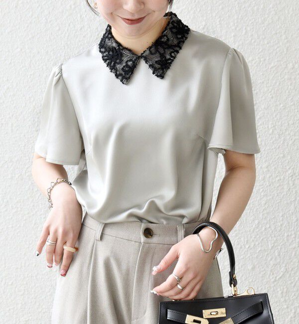 SHIPS any「《予約》SHIPS any:〈洗濯機可能〉サテン レースカラー ショートスリーブ ブラウス」|シャツ・ブラウス|