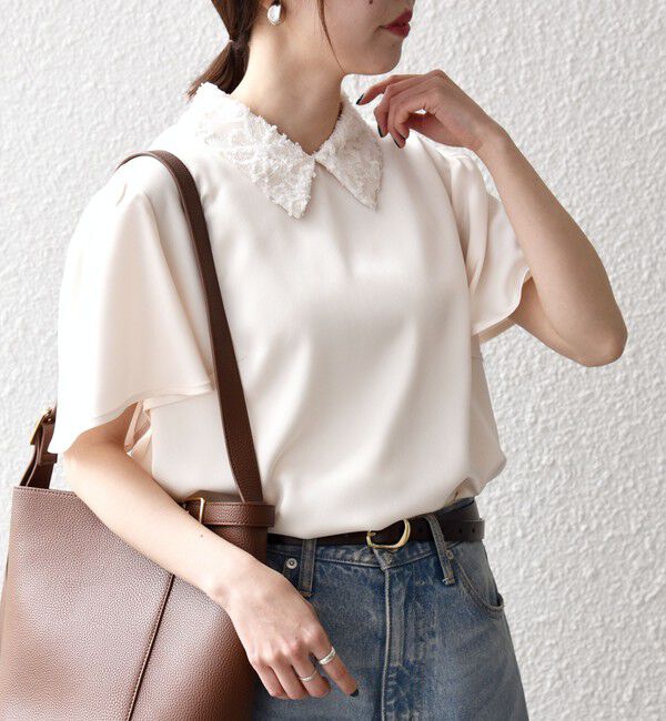 SHIPS any「《予約》SHIPS any:〈洗濯機可能〉サテン レースカラー ショートスリーブ ブラウス」|シャツ・ブラウス|