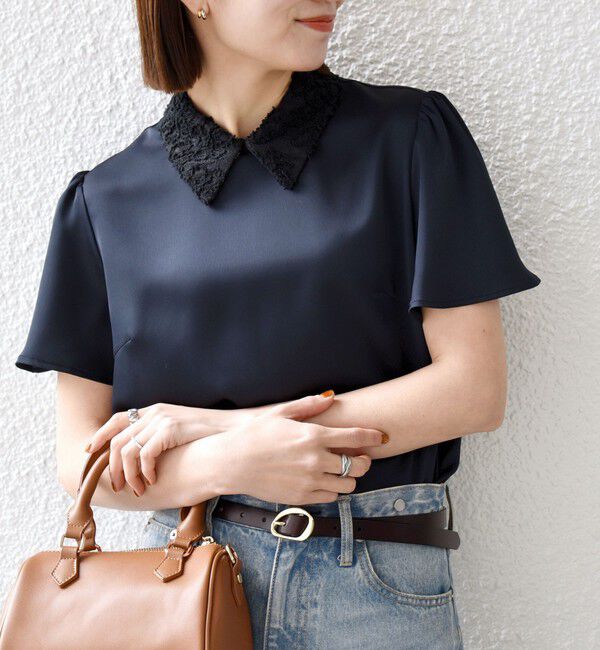 SHIPS any「《予約》SHIPS any:〈洗濯機可能〉サテン レースカラー ショートスリーブ ブラウス」|シャツ・ブラウス|ネイビー