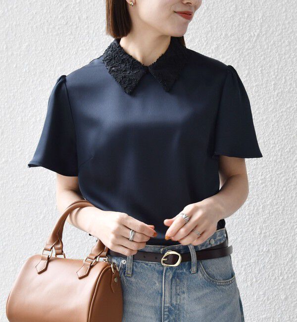 SHIPS any「《予約》SHIPS any:〈洗濯機可能〉サテン レースカラー ショートスリーブ ブラウス」|シャツ・ブラウス|