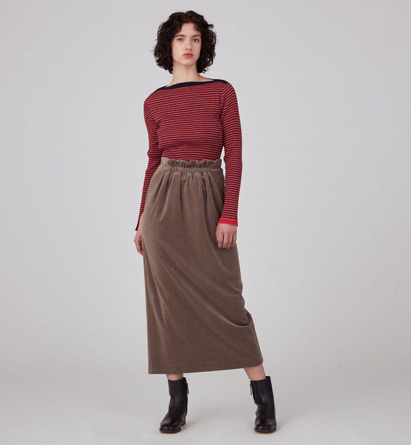 MACPHEE「コットンポリエステルベロア フロントギャザーロングスカート」|タイト|