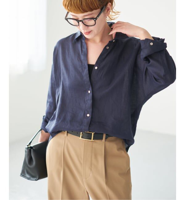 Spick and Span「《程よくすっきりサイズ》 80リネンカシュクール ミディシャツ」|シャツ・ブラウス|ネイビー